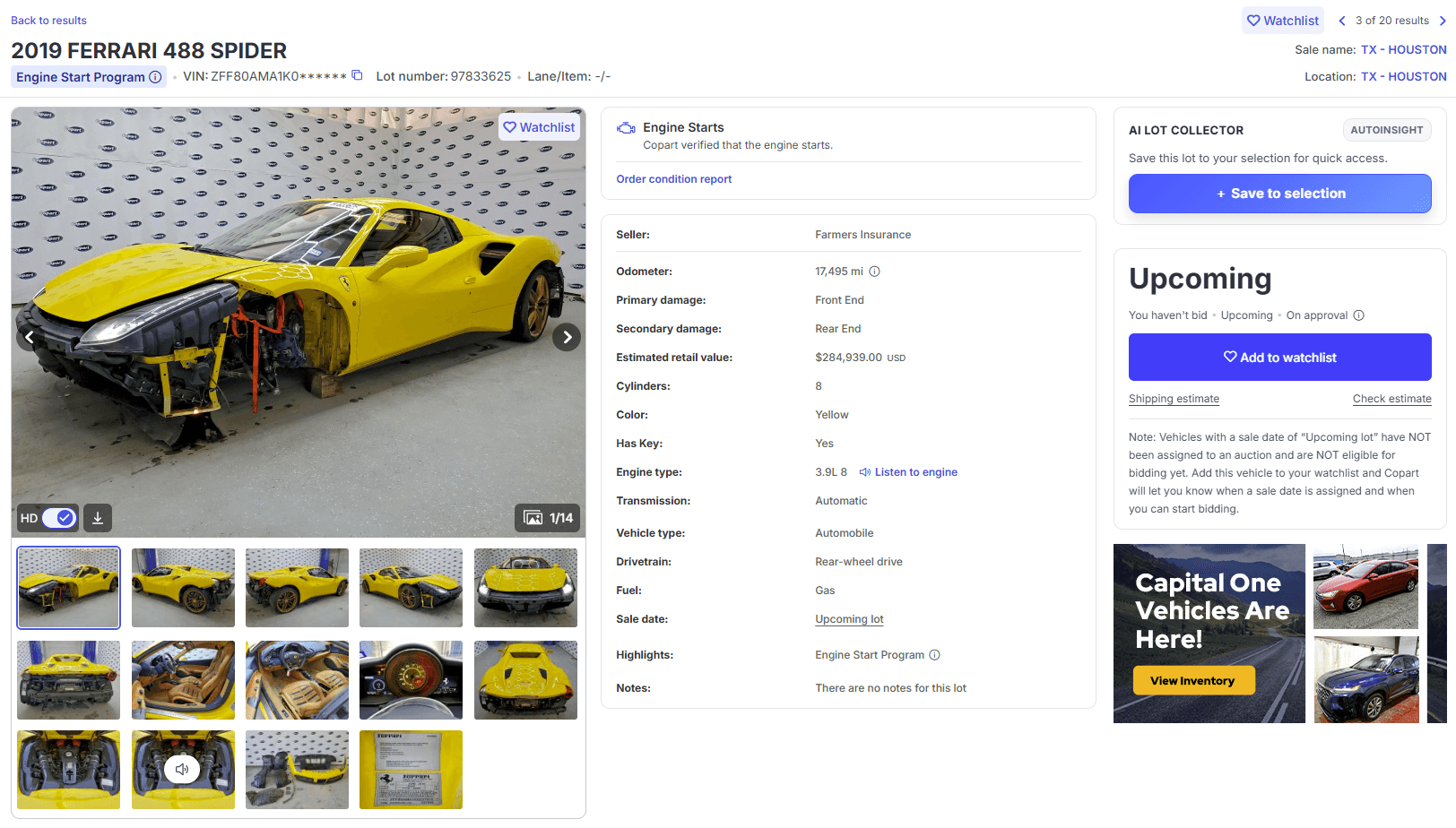 AutoInsight button on Copart lot page