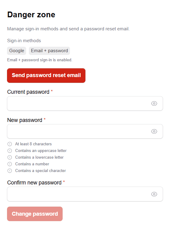 Profile page danger zone
