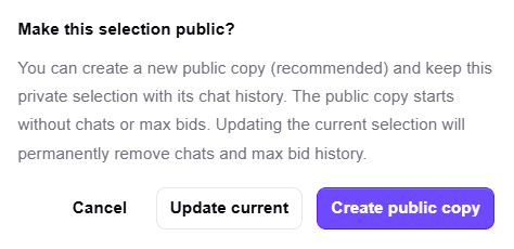 Selection alert popup warning