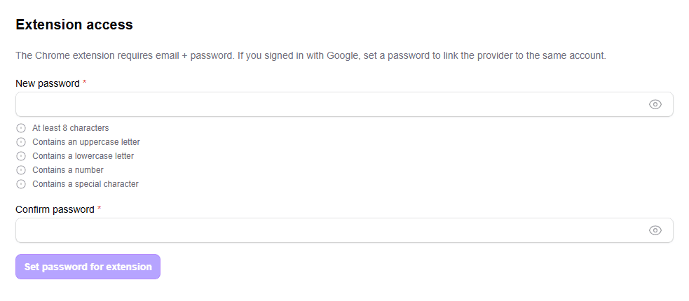 Set extension access with required password in profile